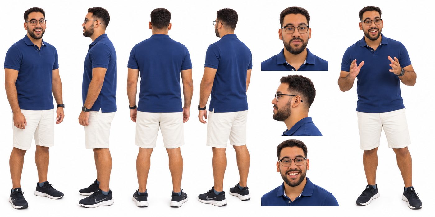 Hoja de personaje con polo azul y bermudas